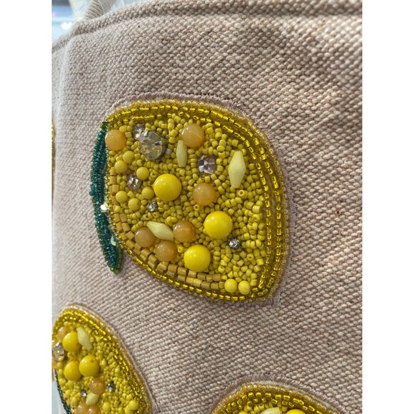 Made in India STUDIO 12 WHITE with YELLOW  Lemon Beaded Tote Bag 11x17\